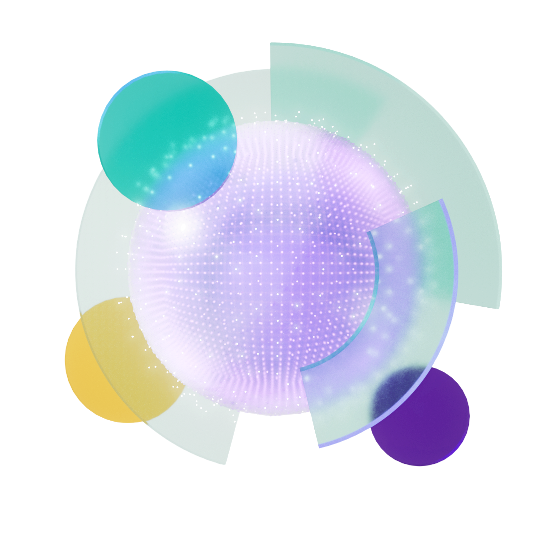 A 3D T cell covered in a white dotted array floats on a white background, surrounded by floating abstract glassmorphic shapes.